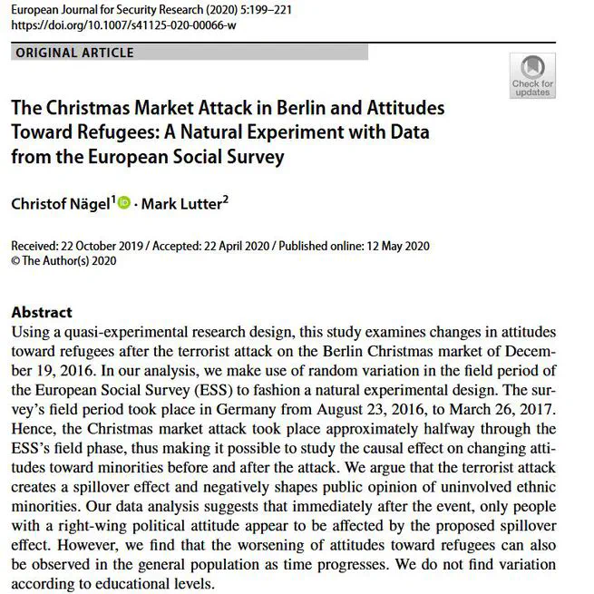 The Christmas Market Attack in Berlin and Attitudes Toward Refugees: A Natural Experiment with Data from the European Social Survey